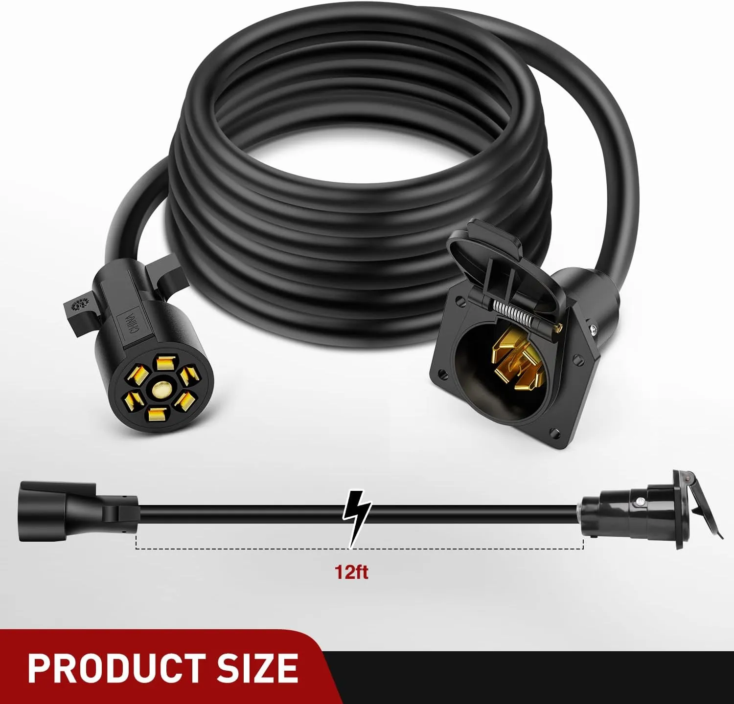 12FT 7-Way Trailer Plug Socket Extension Cable