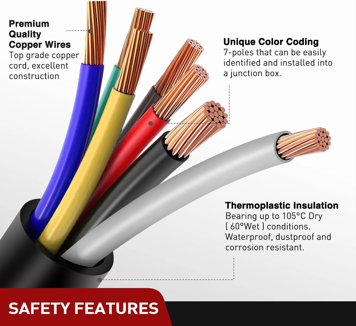 12FT 7-Way Trailer Plug Socket Extension Cable
