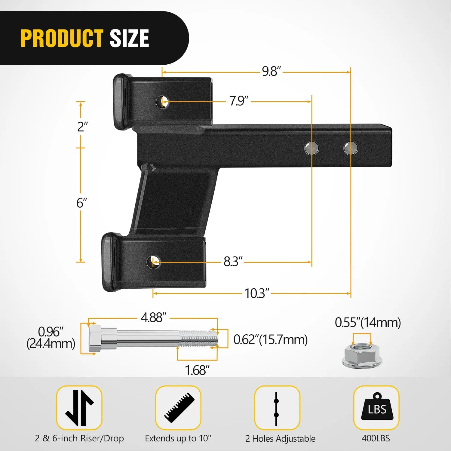 2 Inch Trailer Dual Hitch Receiver with 2 & 6Inch Rise or Drop