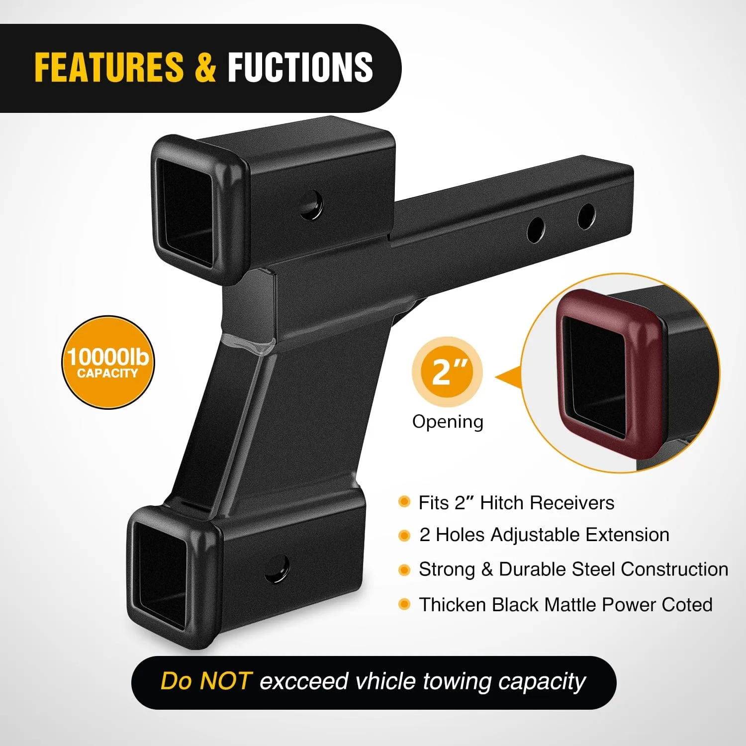 2 Inch Trailer Dual Hitch Receiver with 2 & 6Inch Rise or Drop