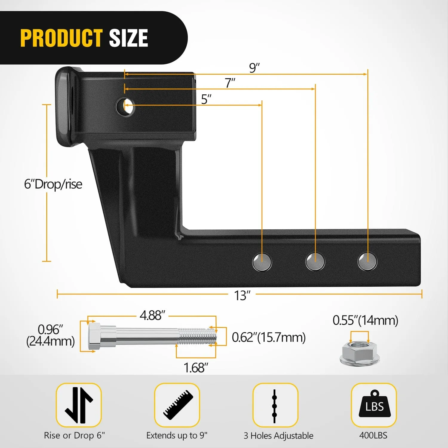 2 Inch Trailer Dual Hitch Receiver with 6Inch Rise or Drop