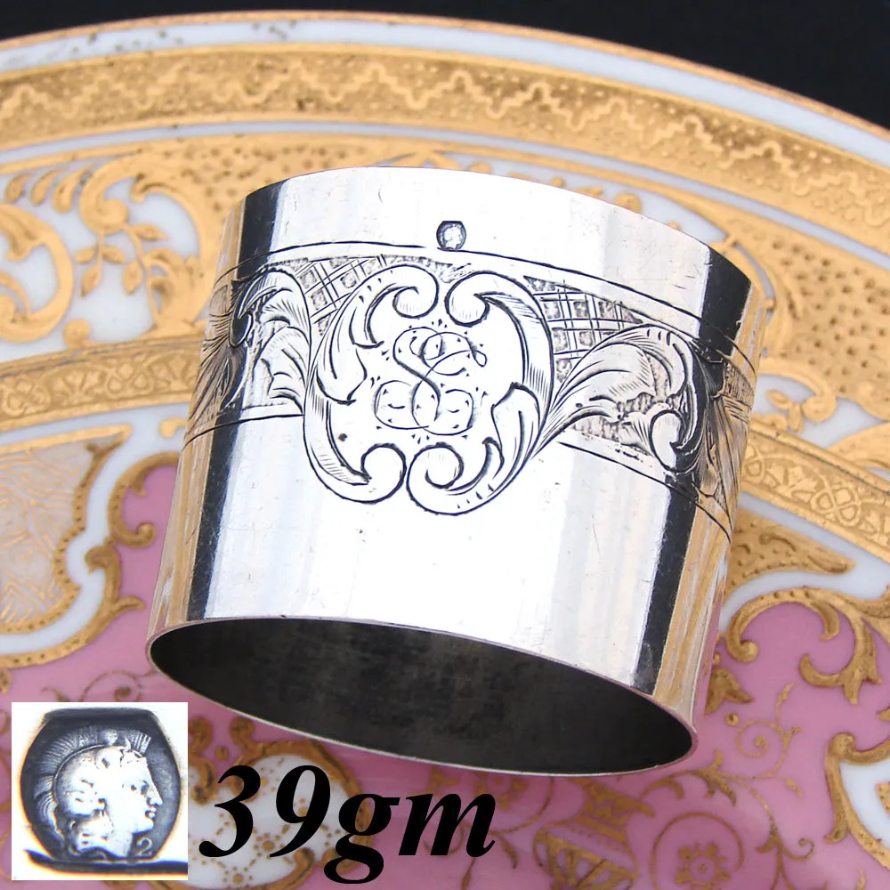 Antique French Sterling Silver Napkin Ring, Scrolled Foliage & Rose or Floral Accent