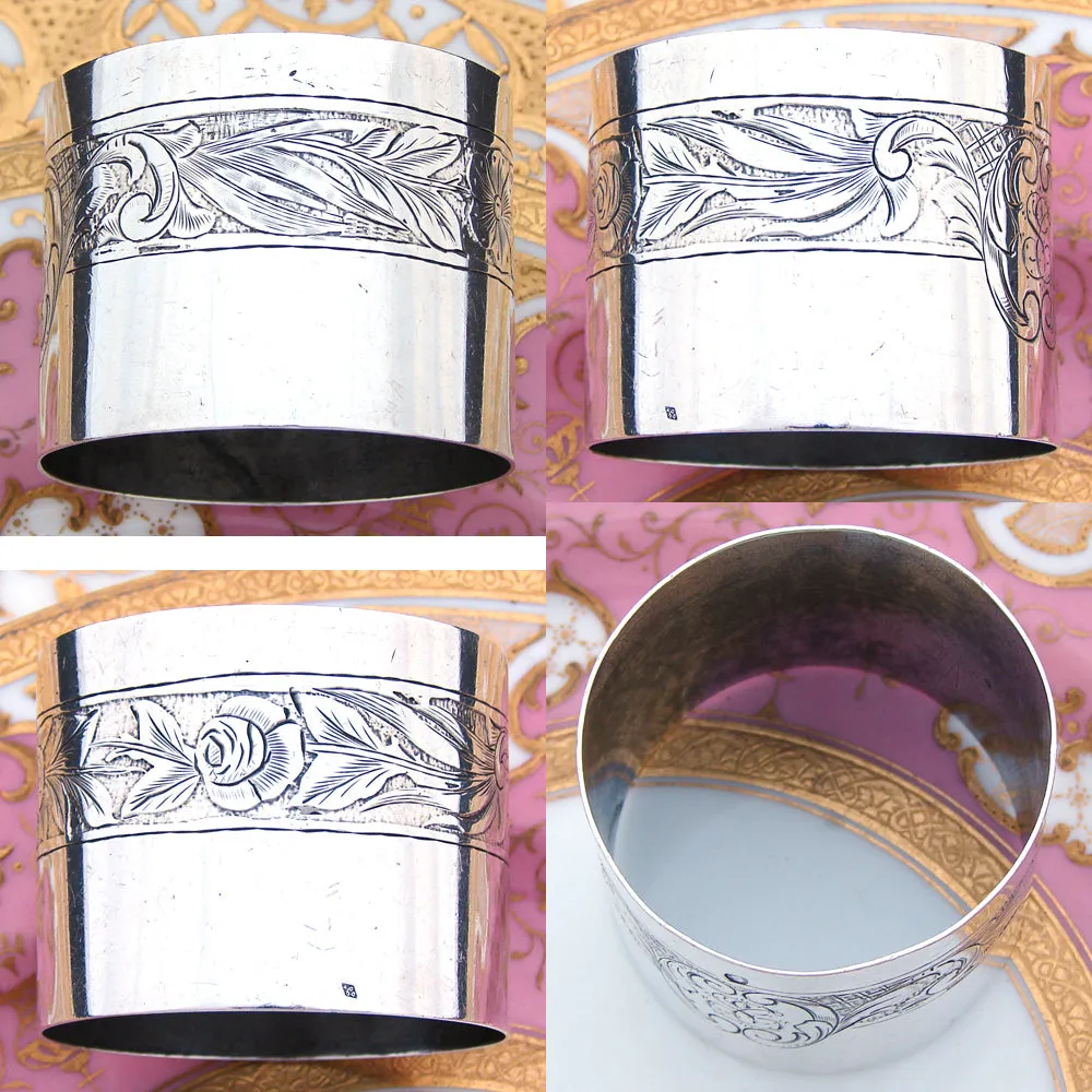 Antique French Sterling Silver Napkin Ring, Scrolled Foliage & Rose or Floral Accent