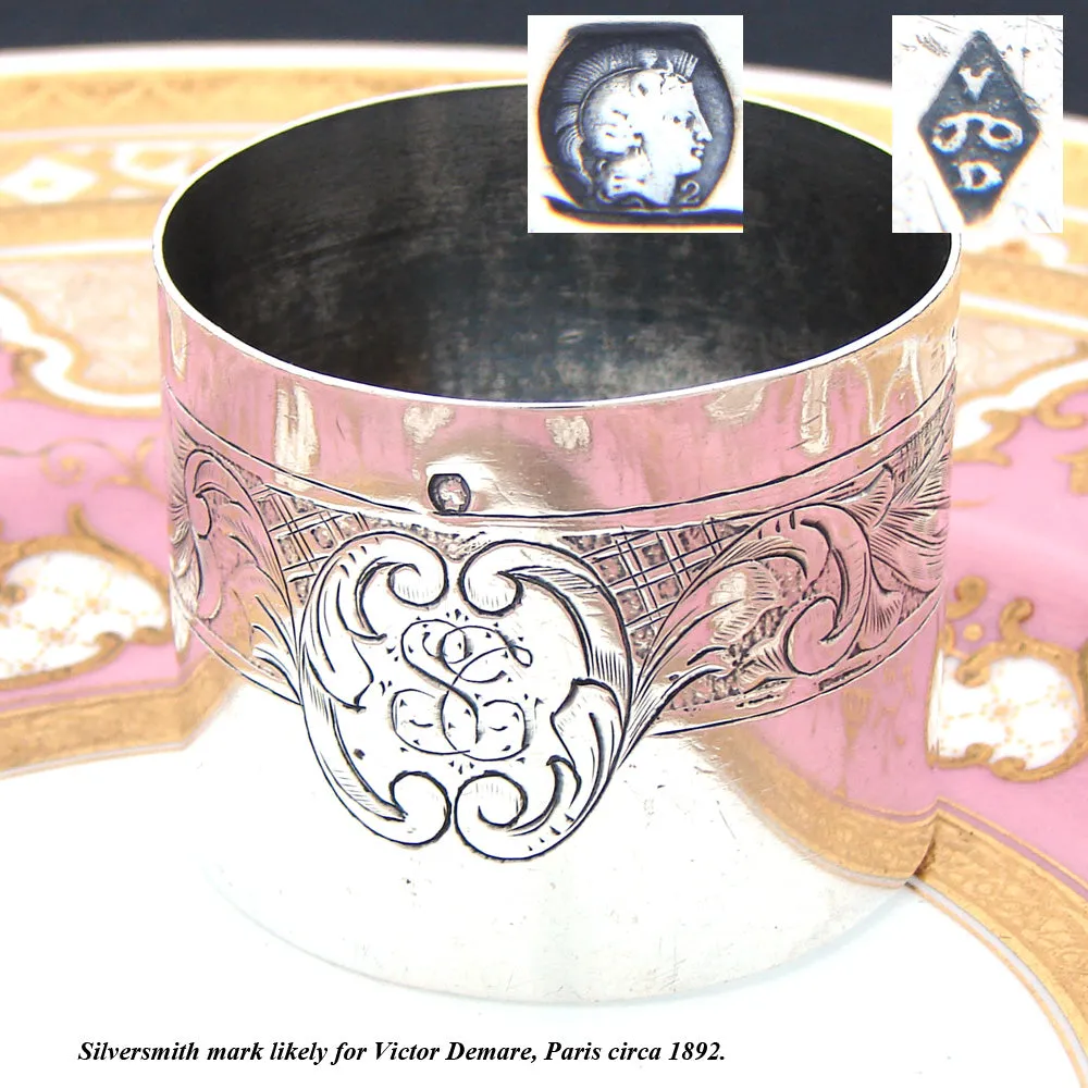 Antique French Sterling Silver Napkin Ring, Scrolled Foliage & Rose or Floral Accent