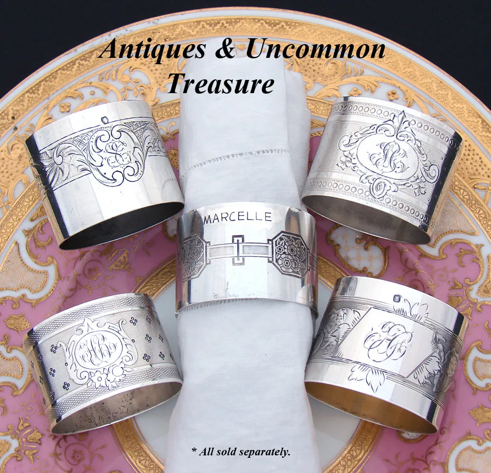 Antique French Sterling Silver Napkin Ring, Scrolled Foliage & Rose or Floral Accent