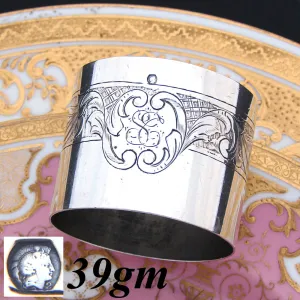 Antique French Sterling Silver Napkin Ring, Scrolled Foliage & Rose or Floral Accent