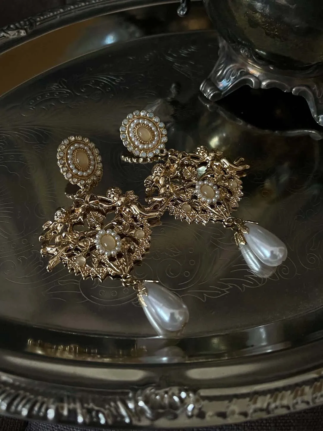 Baroque Inspired Angel Sculpture Earrings with Pearl Drops | Regular & Clip-On