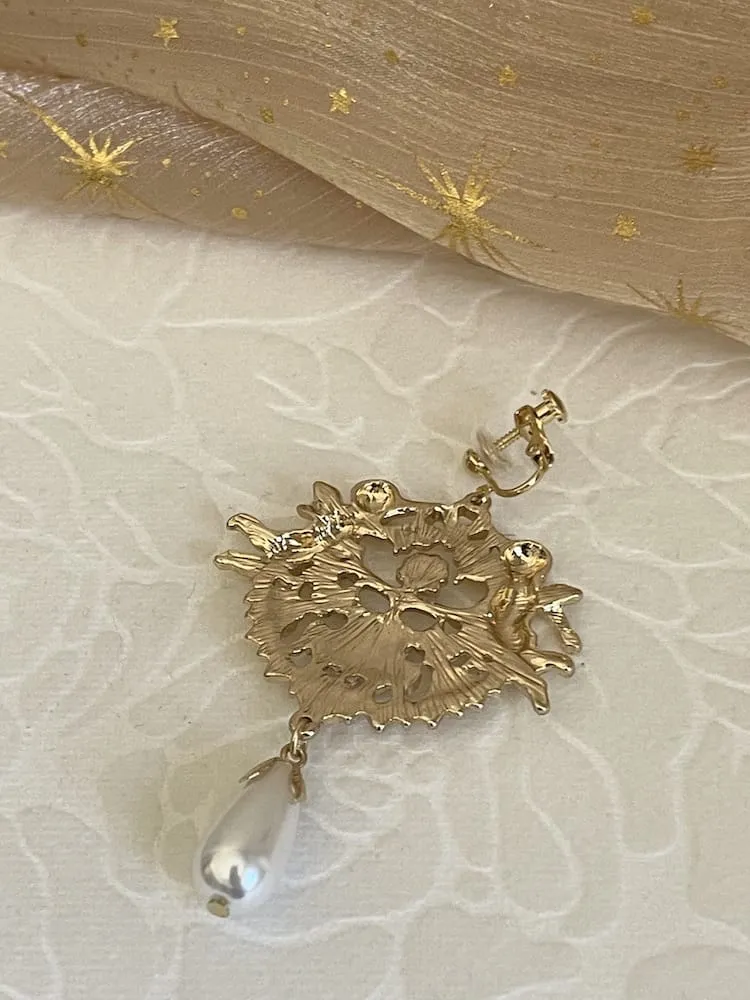 Baroque Inspired Angel Sculpture Earrings with Pearl Drops | Regular & Clip-On