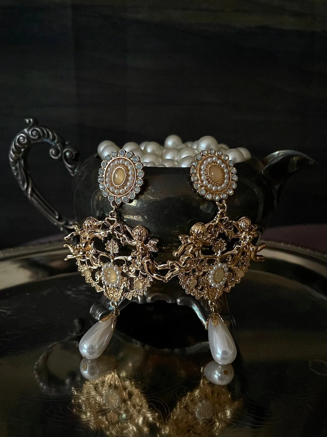 Baroque Inspired Angel Sculpture Earrings with Pearl Drops | Regular & Clip-On