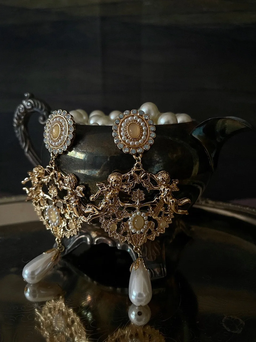 Baroque Inspired Angel Sculpture Earrings with Pearl Drops | Regular & Clip-On