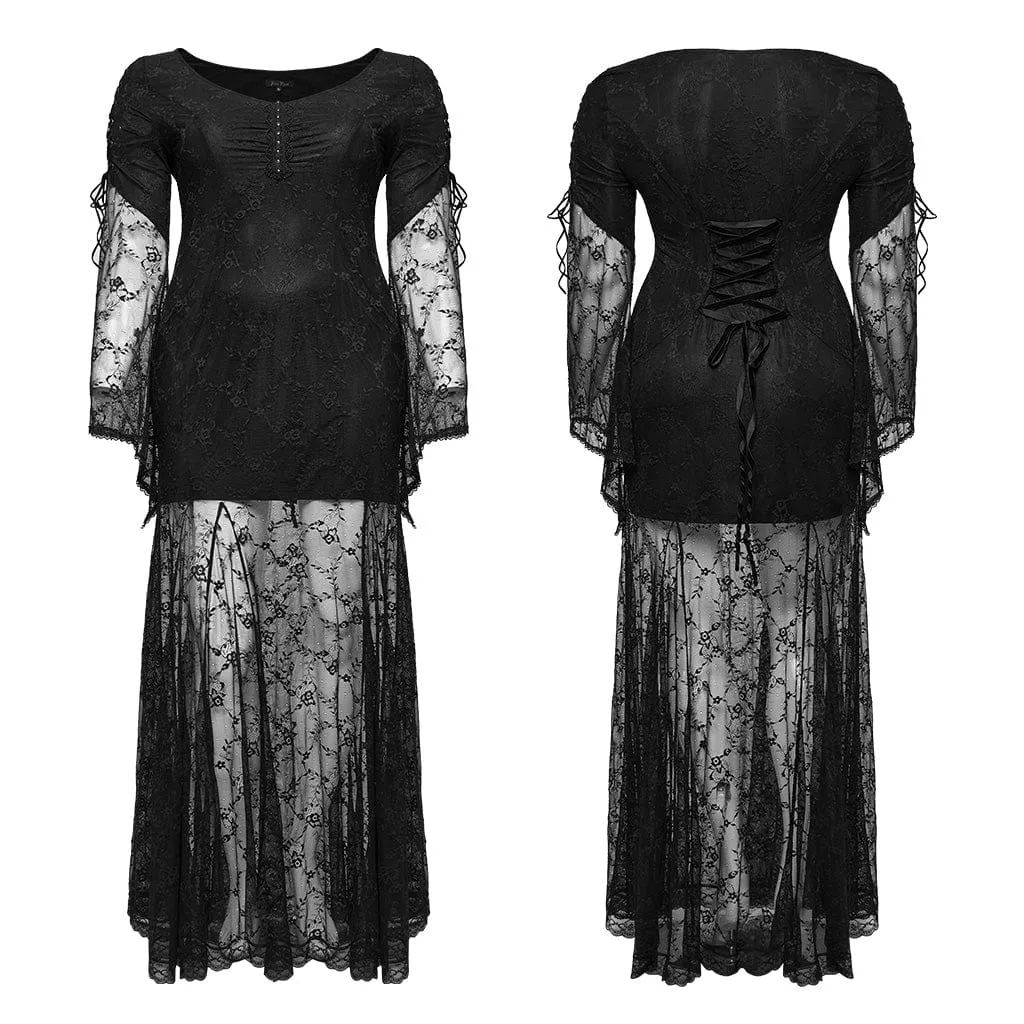 Women's Plus Size Gothic Flared Sleeved Lace-up Lace Prom Dress