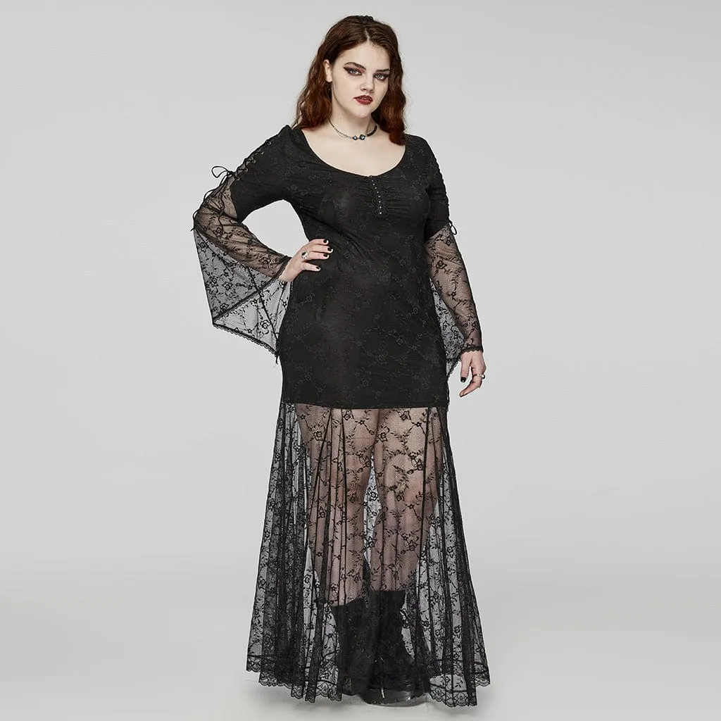 Women's Plus Size Gothic Flared Sleeved Lace-up Lace Prom Dress